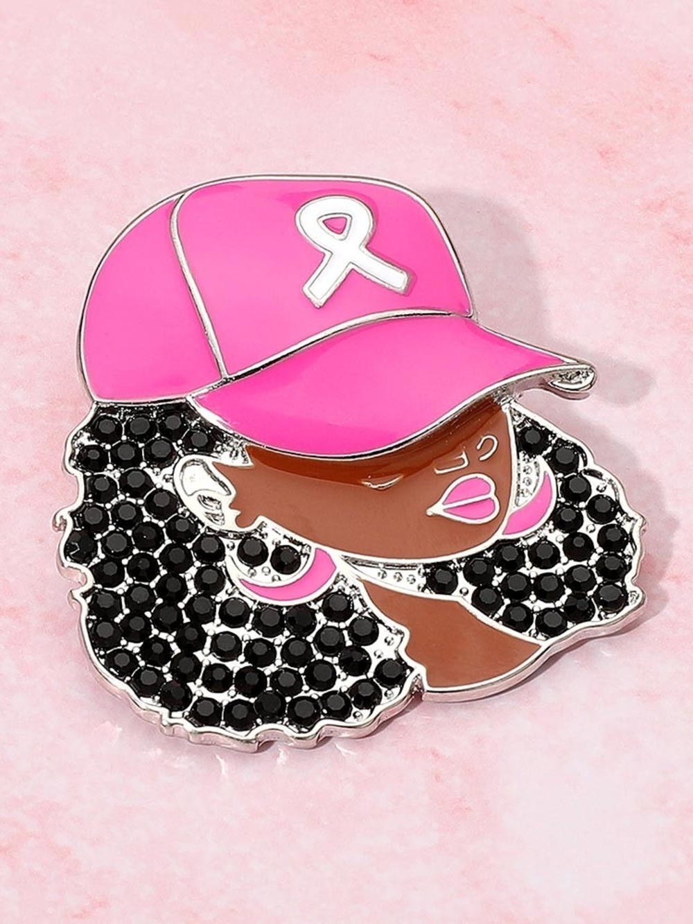 Pink Ribbon Black Girl Magic Hoops Afro Hat Bling Cancer Awareness Brooch Pin